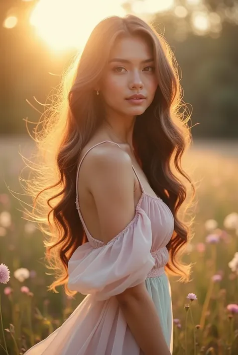 "A stunning young woman with flawless, radiant white skin, standing in a serene natural setting during golden hour. She has long, flowing hair cascading over her shoulders, with gentle waves catching the sunlight. Her expressive eyes are large and captivat...