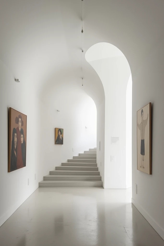 Minimalist art gallery seen from the inside with a curved ceiling and paintings on the walls plus a staircase in the center of the space 