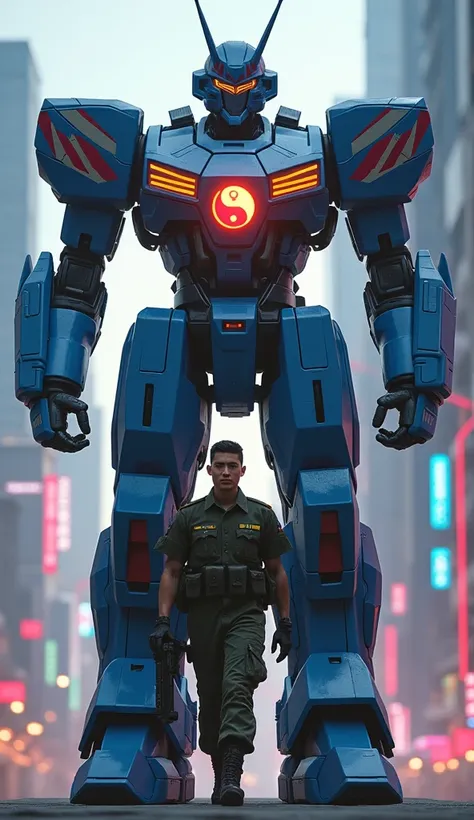 A South Korean soldier, muscular and disciplined, strides forward alongside a towering combat robot. The robot has an advanced design with blue, red, and white patterns mirroring the Taegeuk flag, featuring a glowing yin-yang symbol on its chest. The scene...