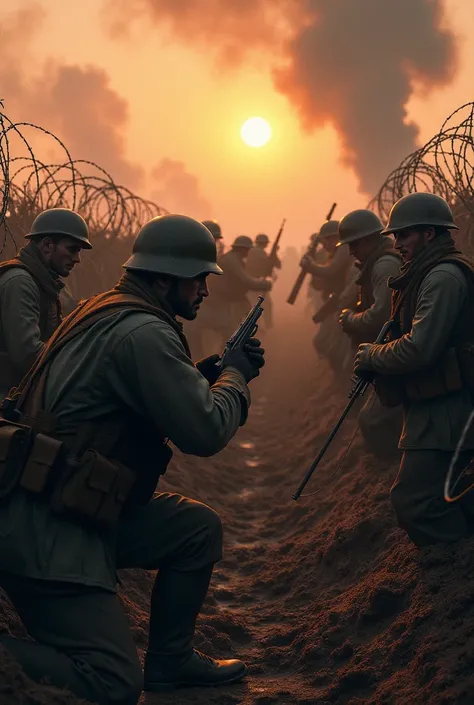 10 Men, Soldiers , fighting together on the battlefield. They are facing the enemies at sunet in trenches surrounded by barbed wire. They are firing their guns towards incoming enemy. Realistic 