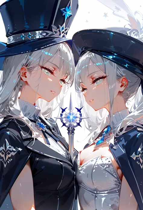 two intimate women, celestial twins, long silver hair，one a ethereal light sorceress the other an ethereal shadow sword saint. s...