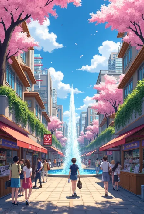 
Explore a lively anime-style tokyo city from street level, where bright daylight illuminates whimsical architecture that blends traditional charm with futuristic flair. Colorful shopfronts line the bustling streets, their vibrant displays inviting passers...