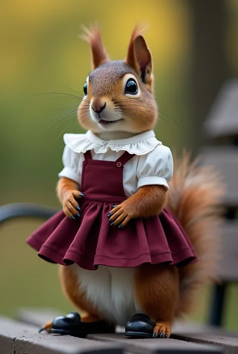 Full body view of a mutant squirrel. Dressed in a white frilled blouse, short maroon jumper skirt, maroon petticoat, black Mary Jane shoes, and black tights, sitting on a bench. Professional photography, bokeh, natural lighting, Canon lens, shot on DSLR 64...