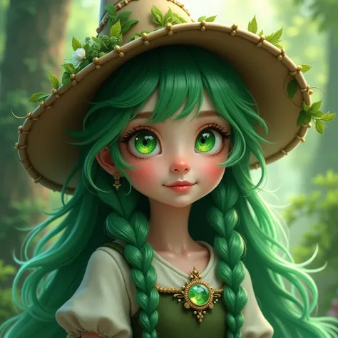 girl green hair green eyes braided hat