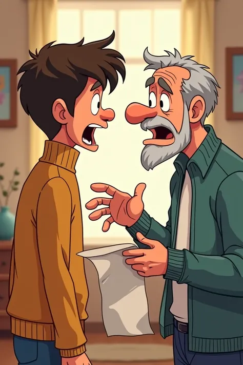 cartoon teen boy wearing turtleneck and an old man is scolding his son while holding a paper