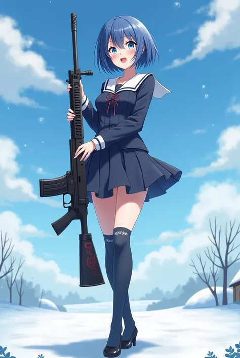  anime-like woman 。 cool cute expression 。 blue eyes。 short hair on the side of the uniform。 blue hair 。Glamorous woman。JK clothes 。 standing on her back in the winter sky。Nissan characters 。 holding a rifle 。 ODA letters on a rifle 。