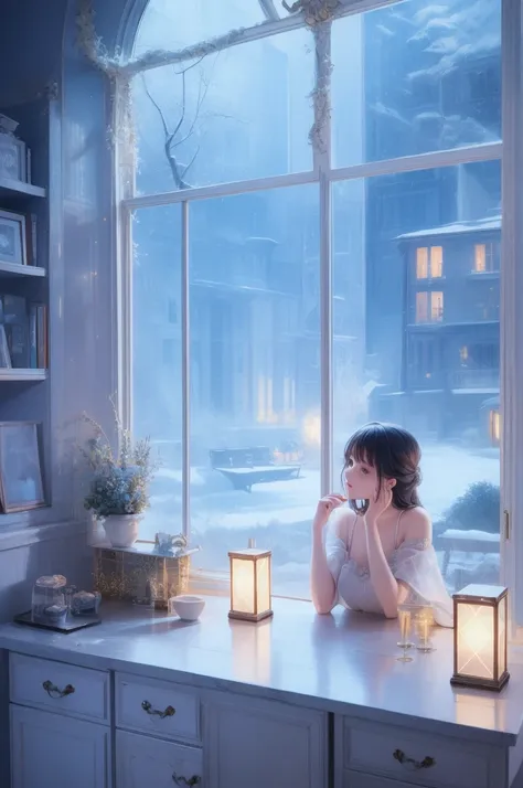  There is a woman sitting on the windowsill holding a cup,  Calm Night . digital illustration, Moonlight Snow ing,  Beautiful digital artwork , beautiful digital illustration, cold ,  Cool atmospheric lighting ,  8K Realistic Digital Art , Dream Night , Wi...