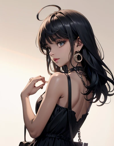 brown skinned anime girl in a white dress holding a pink purse on her arm, 1girl, solo, dress, black hair, jewelry, dark skin, dark-skinned female, handbag, long hair, bag, white dress, earrings, necklace,Cinematic Light, Film Noir Light, Backlighting, Rim...