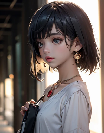 brown skinned anime girl in a white dress holding a pink purse on her arm, 1girl, solo, dress, black hair, jewelry, dark skin, dark-skinned female, handbag, long hair, bag, white dress, earrings, necklace,Cinematic Light, Film Noir Light, Backlighting, Rim...