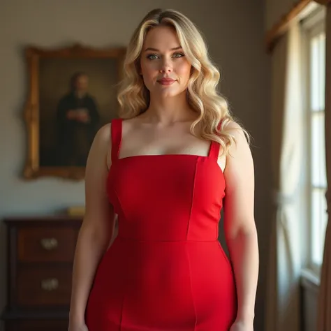 ((best quality)), ((masterpiece)), (highly detailed), 1girl, a curvy woman with a well-proportioned figure, featuring fuller hips and soft, rounded arms without excess weight. She is wearing a sleeveless red gown dress with a modest high square neckline wh...