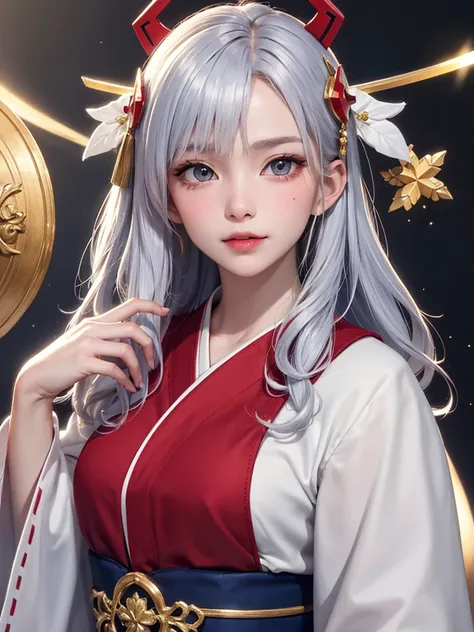 masterpiece， best quality，8k， detailed skin texture ， Detailed Cloth Texture ，Beautifully detailed face， complex details， super detailed，Rei Ayanamiの肖像， Silver Hair，Red colored eyes， black headgear on the head,Pixieカット，Shining Skin Hair Ornaments, Gold Hai...