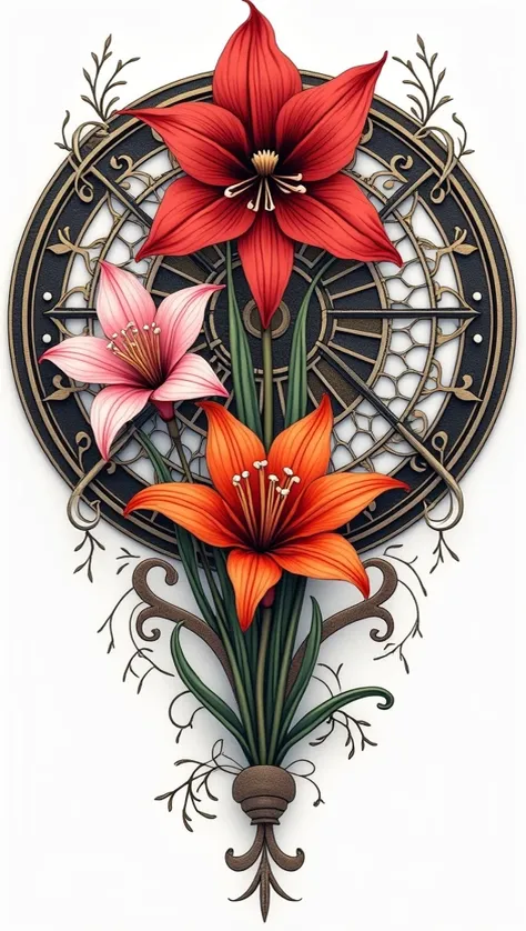 Create a highly detailed tattoo design featuring a circular mandala as the centerpiece, seamlessly incorporating three fully visible flowers: Amaryllis, Lycoris squamigera, and Lycoris radiata. Position the Amaryllis prominently at the top center with bold...