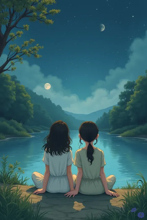 Illustration of 2 girls sitting with their backs to each other on the riverbank with the moon in the background