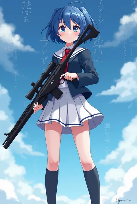  anime-like woman 。 cool cute expression 。 blue eyes。 short hair on the side of the uniform。 blue hair 。Glamorous woman。JK clothes 。 standing on her back in the winter sky。 with Japanese characters on the background。 holding a rifle 。I want ODA written on ...