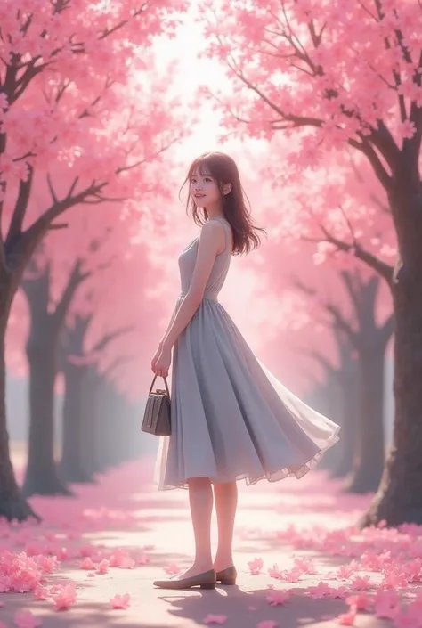 There are dark pink peach blossoms trees around a beautiful  girl who wears a kneel length stunning light grey dress and standing under the tree hold a small handbag seeing  her from a little far view