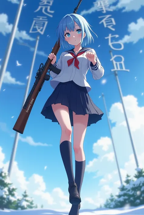  anime-like woman 。 cool cute expression 。 blue eyes。 short hair on the side of the uniform。 blue hair 。Glamorous woman。JK clothes 。 standing on her back in the winter sky。 with Japanese characters on the background。 holding a rifle 。I want ODA written on ...