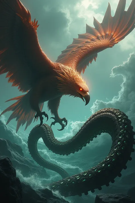 Depict an intense scene where a majestic, monstrous eagle with fiery, glowing eyes faces a giant octopus with deep, black tentacles. The eagle has a fierce, sharp beak and fiery plumage with dark, blood-red tips, while the octopus’s tentacles writhe menaci...