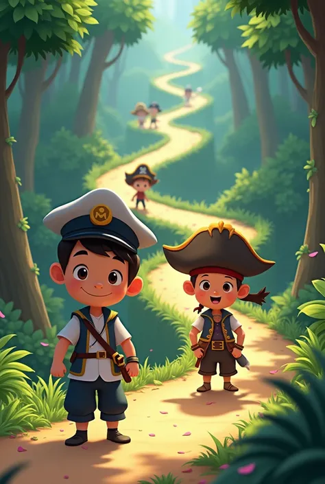  create the same ren in an animated image of a boy captain  ,   a sailor girl in a big pirate costume and a pirate boy going through a path with many branches 

