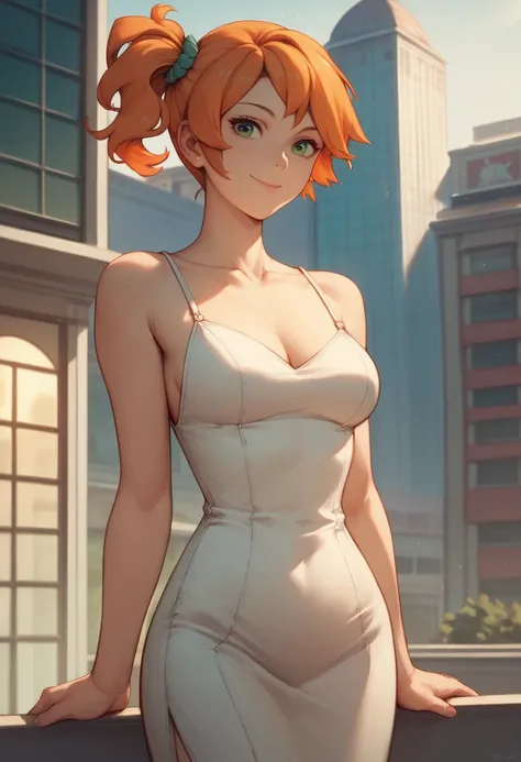 pkmnmisty, 1girl, solo, green eyes, orange hair, short hair, side ponytail, hair tie, fancy White dress, s, naughty smile,closed mouth, cowboy shot, sexy body, on top of building, buildings behind (insanely detailed, beautiful face, masterpiece, best quali...