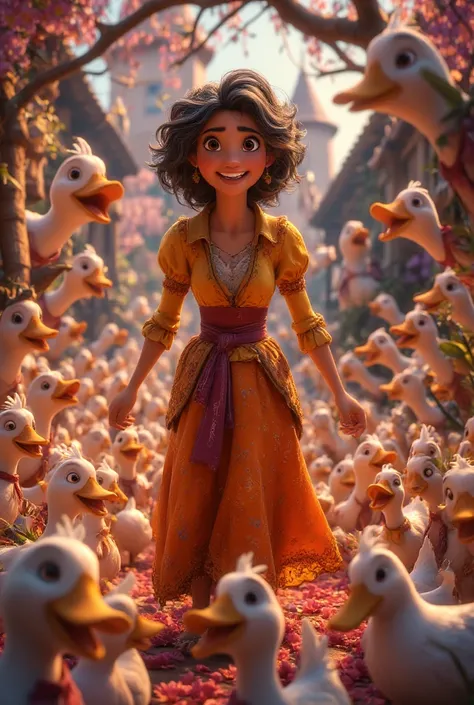 A woman walked full of ducks until the duck was crying. The background was full of ducks.