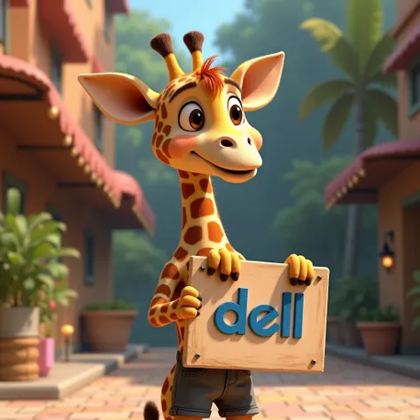 araffe holding a sign that says "Dell" like a man in shorts, pixar renderman render, ideal pixar character, promotional render, pixar render, 3 d animation demo reel, render in pixar, pbr render, by Pedro Pedraja, pixar 3 d animation style, 3 d character r...