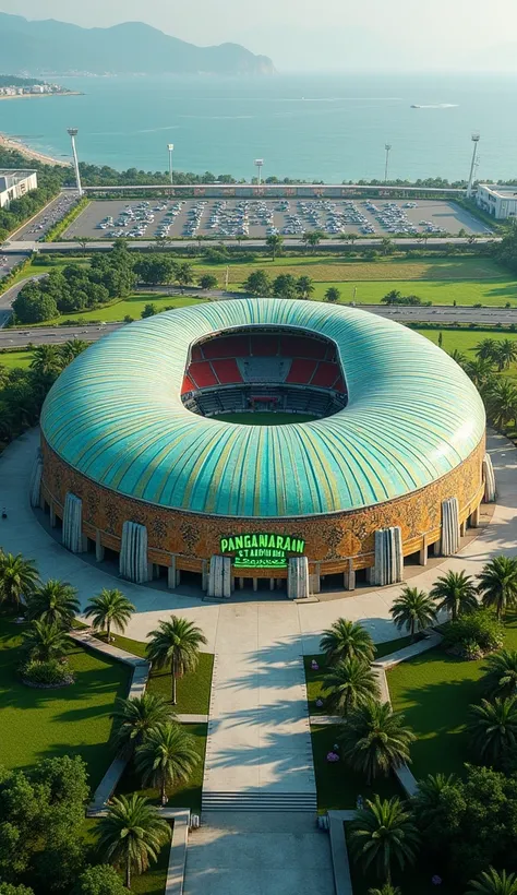  The grand big stadium is covered and the walls and roof are batik patterned in light blue green golden red ,  and on the stadium wall there is the name PANGANDARAN STADIUM which lights up in green and large is clearly above the stadium,  and the stadium i...