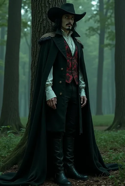 A man in his late 30s tall pale skin. Emerald green eyes. Aquiline nose and broad face. Romanian vampire. Medium long length voluminous black hair with a middle part. Long pointed goatee and fancy mustache. Dark black cape around his shoulders. Black and r...