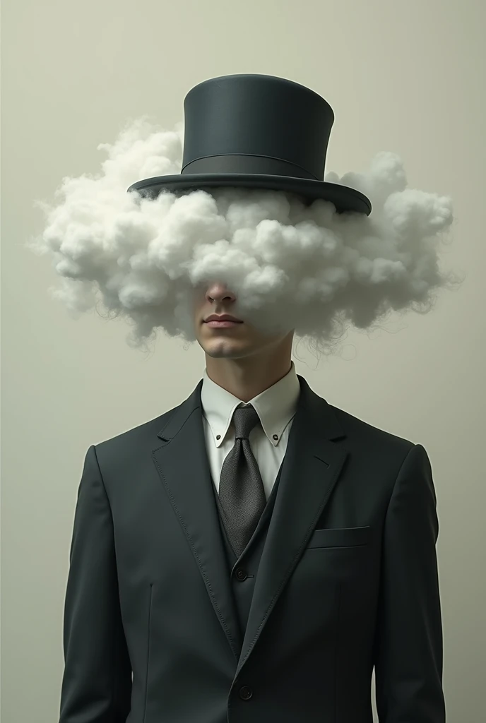 A man with a cloud head wearing a suit and bowler hat