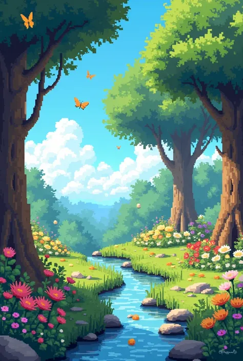 pixelart  Generate an image of a beautiful and serene garden, with colorful flowers, gentle streams, and the sounds of nature. Show the tranquility, the life, and the beauty of a perfect day.