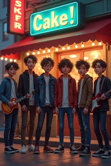 Disney movie poster with a friendship theme with a photo of a group of boys hanging out in front of a cafe with guitars and punk style