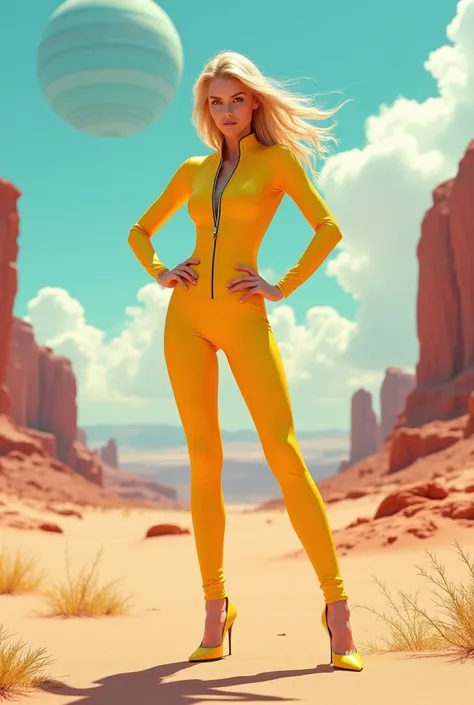 Une femme élégante debout dans un désert extraterrestre, portant une combinaison moulante jaune vif en latex avec une fermeture éclair à lavant, qui reflète la lumière du soleil. Elle a une posture confiante, les mains sur les hanches, et est chaussée de t...