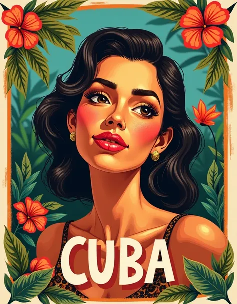 a close up of a poster of a woman, vibrant tourism poster, travel poster, official artwork, 1 9 5 0 s americana tourism, artwork, cuba, official print, promotional artwork, official art, cuban setting, tourist destination, cover art, by Mario Dubsky, trave...