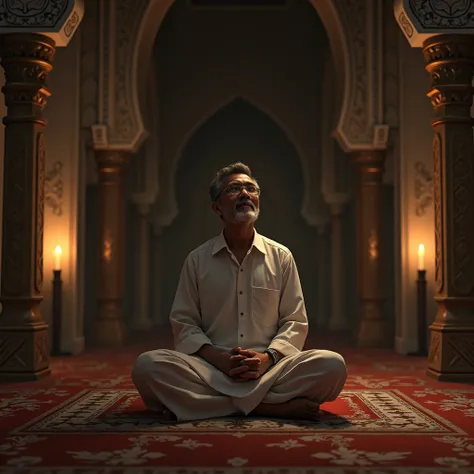 Create realistic images of a random Malay man having fun in a prayer room alone at night