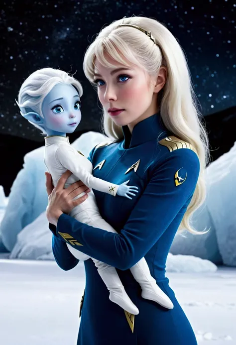 (extreme complexity, multiple subjects) Captain Kirk of Star Trek Fame (Starfleet cold weather uniform) is gazing into the loving arms of a gorgeous ice alien (cute, age 25, deep blue eyes, long glassy hair), aurora over the glacier, sci fi romance, heart ...