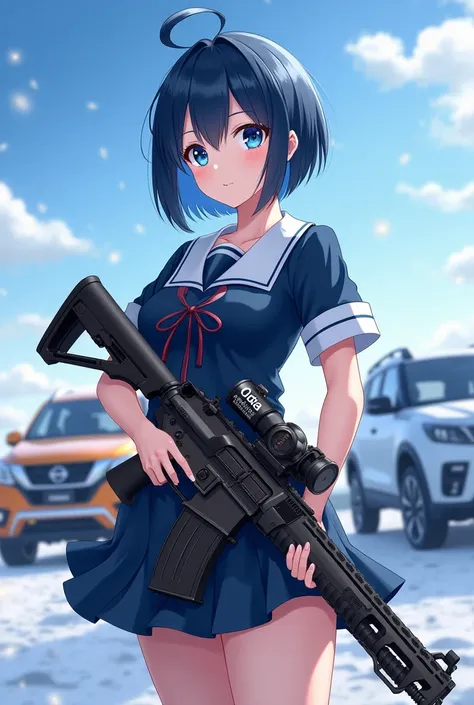  anime-like woman 。 cool cute expression 。 blue eyes。 short hair on the side of the uniform。 blue hair 。Glamorous woman。JK clothes 。 with winter sky on my back in Japanese。Standing on socks 、Nissan characters 。 holding a rifle 。 ODA letters on a rifle 。