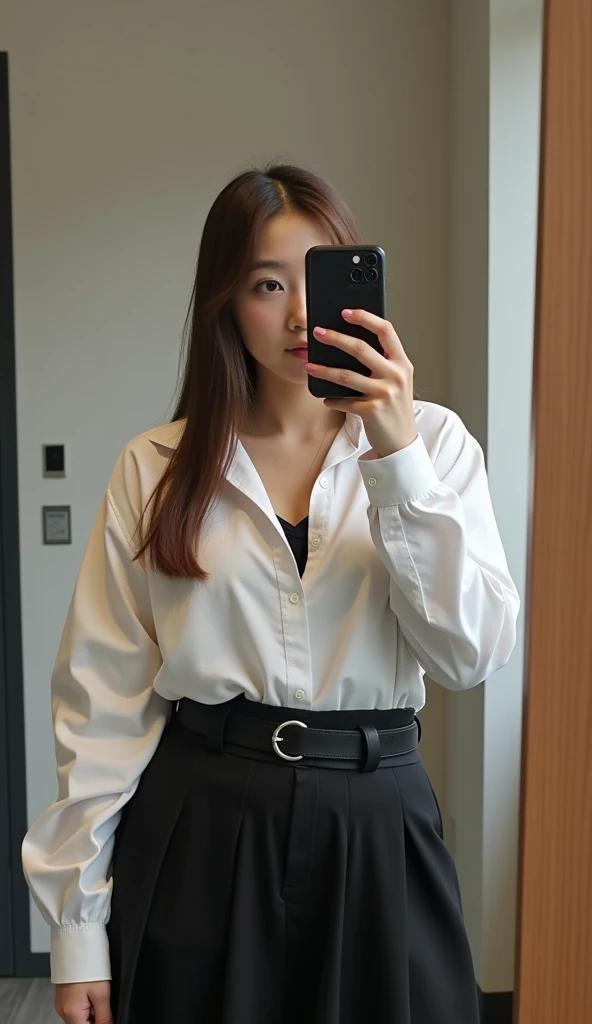 A chubby girl wearing a formal student uniform consisting of a white button-up and see through black bra inside shirt shirt and a black skirt, paired with a black belt. She has long, straight hair and is taking a selfie in a mirror, holding a smartphone th...