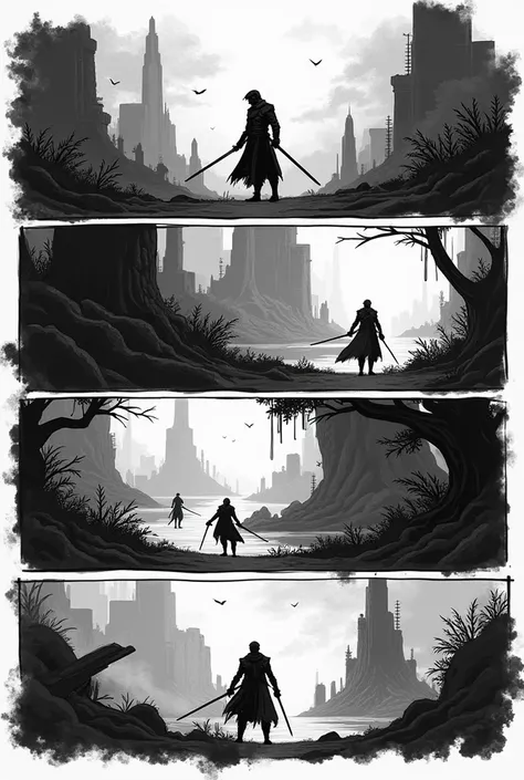 Create a linear black and white comic with 6 parts of a fantasy story 