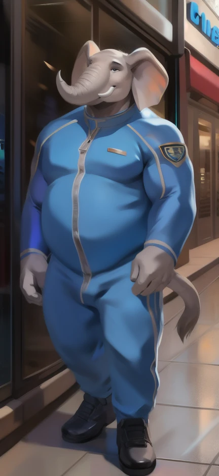 Solo, male, standing, street,elephant ,blue military spacesuit, overweight, muscular, smirking, by chunie