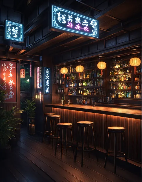 japanese bar by greg rutkowski, fantasy art, anime style, visual novel, detailed intricate environment, masterpiece, hyperrealism, digital painting, 8k, volumetric lighting, sharp detail, noir, bright ambience