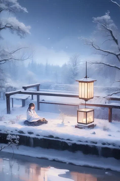 There is a cute Japanese woman sitting on the windowsill holding a cup,  Calm Night . digital illustration, Moonlight Snow ing,  Beautiful digital artwork , beautiful digital illustration, cold ,  Cool atmospheric lighting ,  8K Realistic Digital Art , Dre...