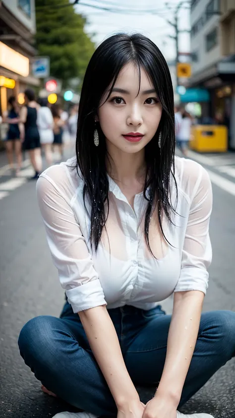 (masterpiece:1.4),( best quality:1.4),超 high definition ,(( detailed facial features)), high definition ,8k resolution, 1 girl , blue sky,Mouth is distorted / :3,(Sparkling),Sadako,street, shirt, earrings for a woman alone, Short Jeans , Big Breasts ,  wet...