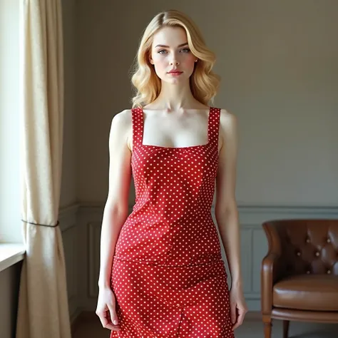 ((best quality)), ((masterpiece)), (highly detailed), 1girl, extremely white skin, curvy woman with a well-proportioned figure, featuring fuller hips and soft, rounded arms without excess weight. She is wearing a sleeveless red polka dot dress with a modes...