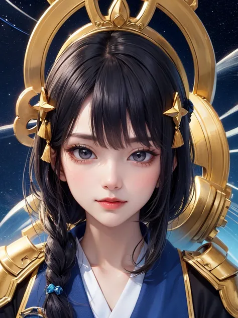 masterpiece， best quality，8k， detailed skin texture ， Detailed Cloth Texture ，Beautifully detailed face， complex details， super detailed，Rei Ayanamiの肖像， black hair，Red colored eyes， black headgear on the head,Pixieカット，Shining Skin Hair Ornaments, Gold Hair...