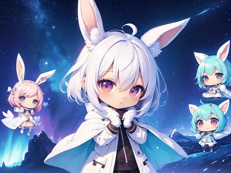 (Chibi:1.5)、 girl in white coat 、1 person、Bunny ears、Glacier、 Aurora、cold、night、 full of stars、 look up 、 fantasy、cute、