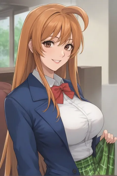 best quality,masterpiece,looking at viewer,absurdres,1girl,score_9,score_8_up,score_7_up,source_anime BREAK natsume aya,orange hair,long hair,brown eyes,ahoge,breasts,white ,skirt,bow,plaid,large breasts,jacket, plaid, green plaid skirt, blue blazer, evil ...