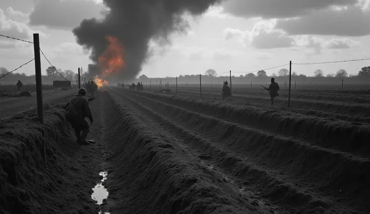 A war-torn field in northern France during World War I, with dark clouds, explosions, and soldiers advancing under heavy fire. Trenches line the foreground, barbed wire stretching across no mans land."