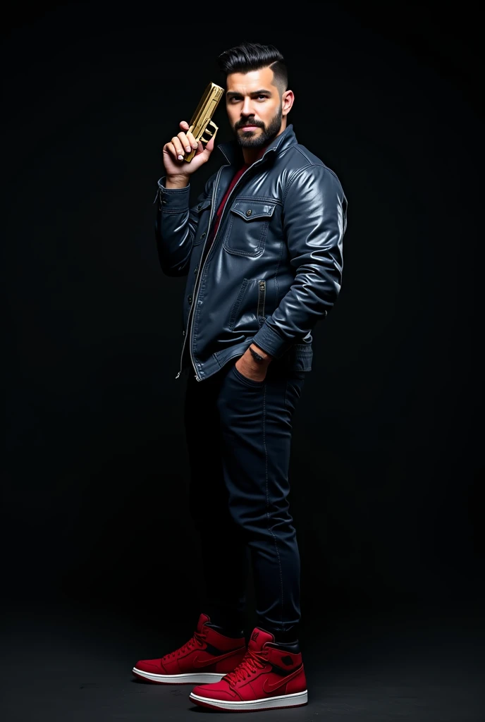 Jovem de 20 years ,gostoso cabelos undercut pretos, sorriso maroto with  de frente Beard , Silverjow style Dark blue   Jacket  , de corpo inteiro , in a black night background  on his back side. Person
Holding Golden  gun on his right hand and pointed on s...