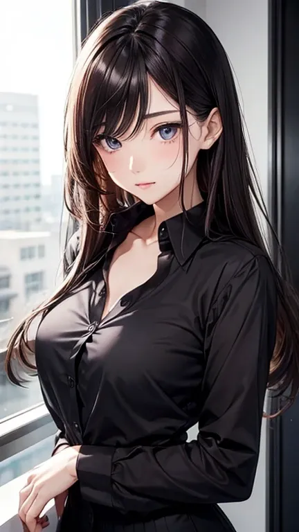 Business shirt  、Random  pose、chest up, 20-year-old woman、s lips:A sexy、Hair color: Dark brown、Translucent skin， the skin is fair 、Random Hairstyles、Medium hair、Moist eyes、Gentle eyes、、Slim and soft、Gentle look、the background is blurred ,  random eye color...