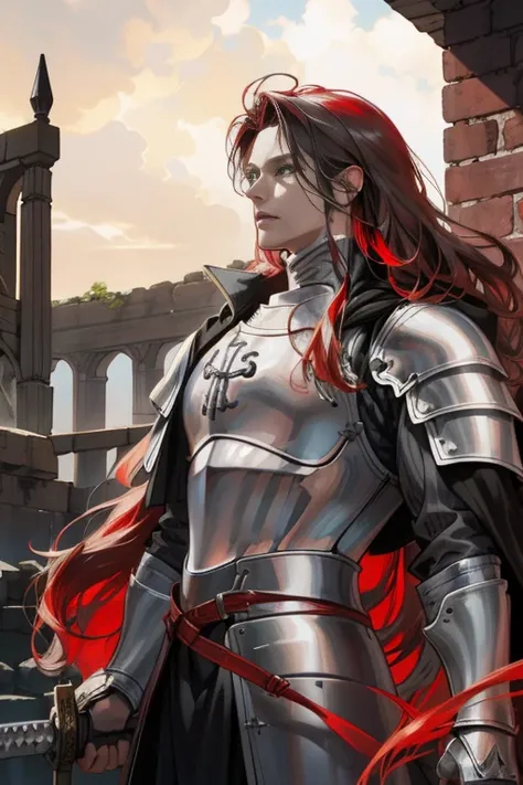 full HD, 4K, better quality, ((1 Adult man, 40 years))), ((red long Hair)), ((grey eyes)), (slightly curly hair), crimson knight, ruins of a destroyed castle in the background, Large assembly, Pumped up body, good anatomy, (super detailed face), (Detailed ...