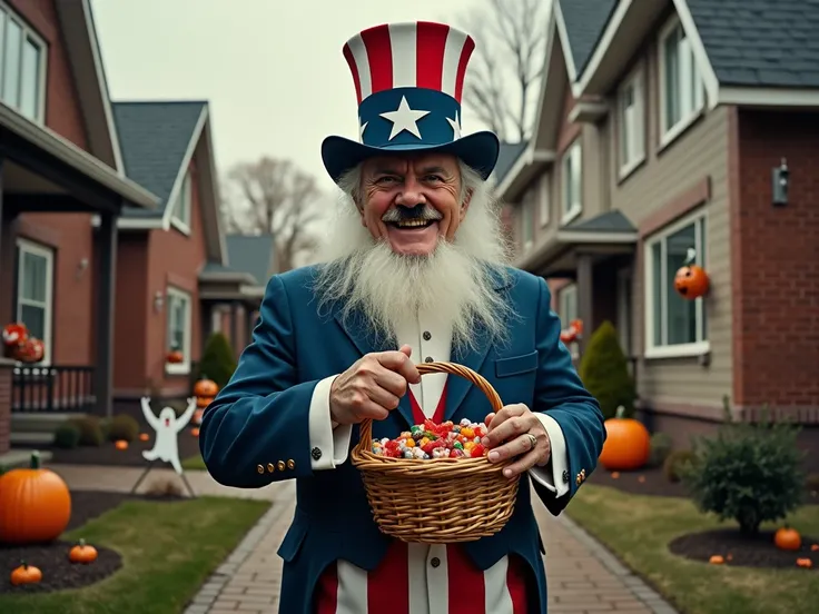 adolf hitler wearing an uncle sam costume holding a trick or trick basket full of candies during halloween with halloween decors in houses in the background